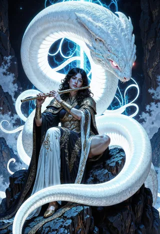 A digital fantasy artwork of a woman playing a flute, seated amidst a large glowing white serpent coiled around rocky terrain under ethereal blue lighting.