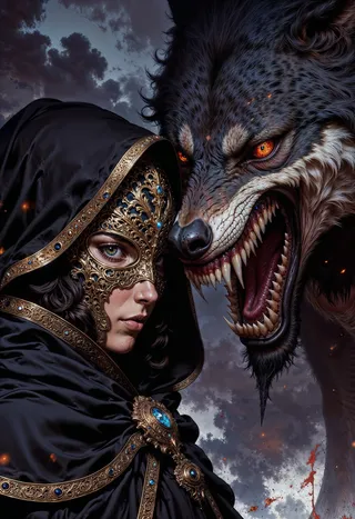 A fierce fantasy scene featuring a woman in an ornate golden mask and dark cloak alongside a snarling werewolf with glowing red eyes under a stormy sky.