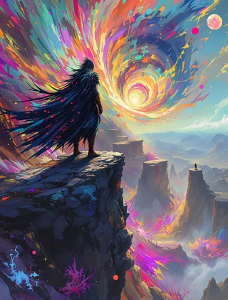 A mythical warrior stands on a jagged fractal cliff wearing a cloak of glitching brushstroke feathers, facing a vibrant spiraling vortex in a surreal fantasy landscape.