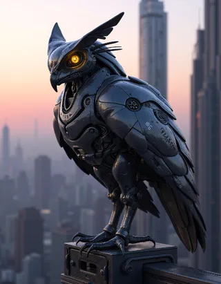 A photorealistic futuristic owl robot perched atop a cyberpunk cityscape at twilight, featuring intricate chrome feathers and yellow glowing neon eyes.