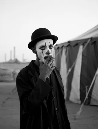 Black and white photo of a male clown in traditional black costume and white face paint, wearing a bowler hat and smoking a cigarette beside a striped circus tent.