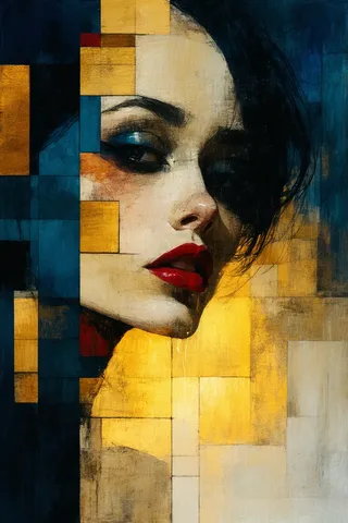 Abstracted woman's face made of sharp geometric planes with striking crimson lips, set against muted ochre and blue tones in a style mixing impressionistic brushwork and angular features.