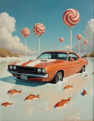A surrealist oil painting of a classic orange 1970s muscle car submerged in a milk-like ocean with orange fish swimming around and a sky filled with giant red and white lollipops, painted with smooth blending and soft diffused lighting.