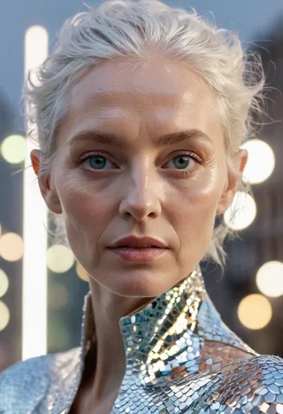 Close-up portrait of a 70-year-old futuristic model with white hair and holographic mirror transparent scales on her face, wearing a shiny high-fashion outfit in a softly blurred futuristic city background.