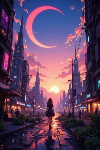 A vibrant cyberpunk planetary city at dusk featuring a colorful sky with a large red crescent moon, a setting sun, and tall futuristic spired buildings lining a wet cobblestone street where a woman walks away in silhouette.