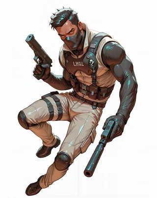 A hyperdetailed illustration of a handsome black man with dark skin in tactical gear, wearing a grey armored vest, black gloves, black half-face mask, holding two pistols pointed forward, against a white background.