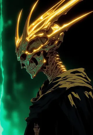 A side view digital artwork of a skeleton with shiny chrome-like bones, wearing a flowing black robe, crowned with a glowing golden spiked crown, against an emerald green pulsing background.