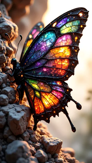 A detailed close-up of a butterfly wing with vibrant, glowing, multicolored panels resembling stained glass, perched on textured rocky ground.