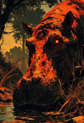 Extreme close-up of a massive hippopotamus with crimson-red glowing eyes, partially obscured by tall dry grass, standing by a riverbank with detailed, scarred skin illuminated by golden light.