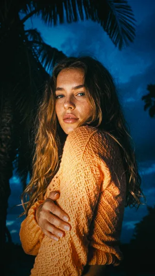 Sensual young woman wearing an orange long sleeve sweater posing outdoors at night under silhouetted palm trees with dramatic cinematic lighting and glowing skin.