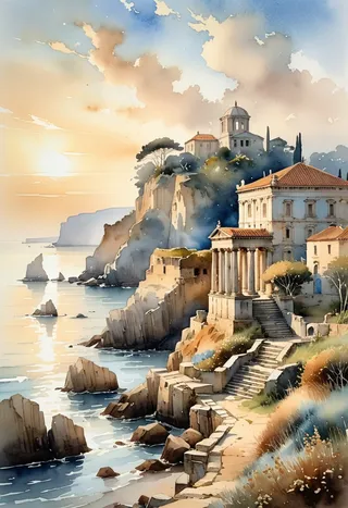 Watercolor painting of a romantic coastal landscape featuring classical ruins on rocky cliffs bathed in golden light at sunset.