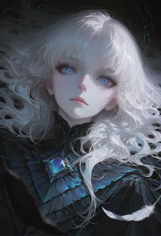 A realistic portrait of a girl with flowing white hair, striking blue eyes, and pale skin, set against a dark background with feathers and a shining gem detail on her clothing.