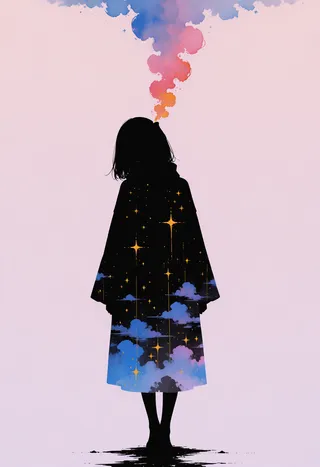 Silhouette of a girl standing with a coat filled with watercolor stars and clouds, colorful smoke rising, and a minimalist gradient background.