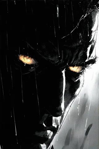Close-up black and white Sin City comic style portrait of a man's intense eyes glowing under rain with strong chiaroscuro lighting and ink textures.