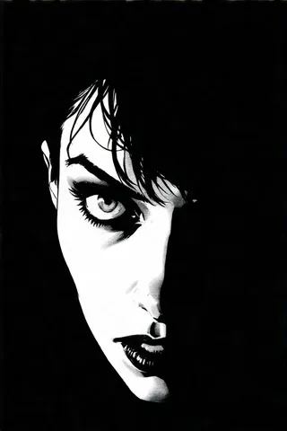 High-contrast black and white close-up portrait of a woman with piercing eyes and dramatic shadows, rendered in a graphic novel style inspired by Frank Miller's Sin City.