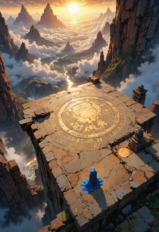 A majestic high fantasy scene showing a sacred stone dueling platform carved atop a towering mountain peak, illuminated by golden sunrise light among misty clouds and distant jagged mountains.