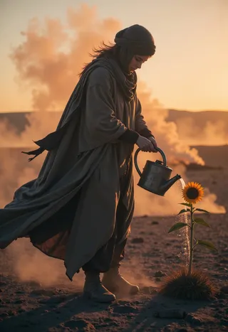 A woman dressed in tattered Bedouin-style clothing waters a bright sunflower in a desolate, volcanic wasteland at sunset, with ash and dust in the air.