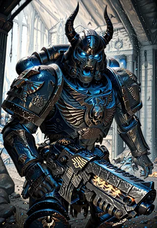 Blue-skinned zombie in detailed Ultramarine armor with glowing blue eyes and horned helmet, wielding a bolter gun inside a Skyrim crypt.