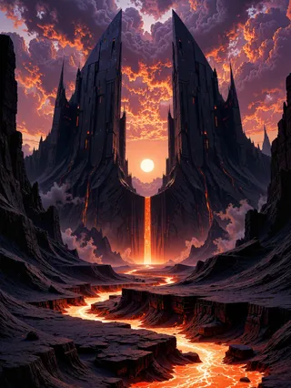 A dramatic volcanic landscape at sunset featuring two colossal black spires flanking a glowing lava waterfall, with dark cracked rocks and a fiery orange, purple sky.