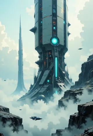 Highly detailed futuristic cityscape featuring a colossal high-tech space station tower surrounded by mist and flying spaceships.