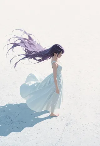 A barefoot girl with very long purple hair wearing a sleeveless white dress stands on a white textured floor, looking at her long shadow cast beside her, hair and dress floating gently.