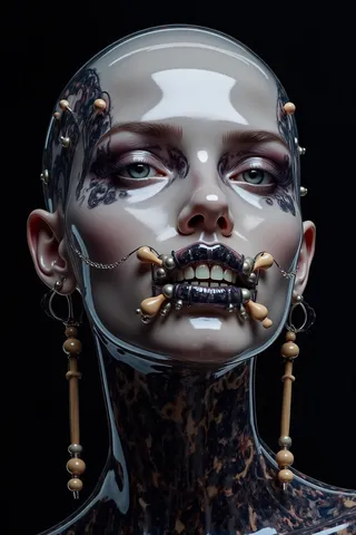 Highly detailed translucent style portrait of a woman with dark intricate face paint and a wooden and metal teeth ornament, piercing eyes, and smooth reflective skin on a dark background.
