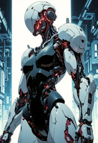 Detailed anime-style cybernetic android with segmented white robotic arm and exposed red wiring, set against a futuristic city backdrop with dramatic lighting.