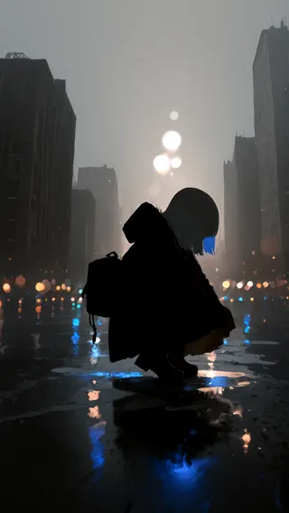 Silhouette of a girl squatting on a wet city street at night with blurred city lights and puddle reflections