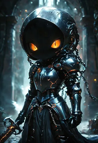 Photorealistic figure of a Chibi Soul Knight wearing detailed black armor, glowing orange eyes shining through a smooth helmet, holding a sword and bound with chains in a dark, atmospheric fantasy setting.