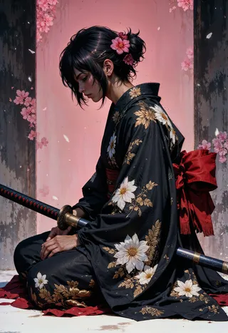 Side view of a stoic female samurai seated in a black kimono adorned with white and gold floral patterns, holding a katana, with pink flowers in her dark hair against a textured pink background.