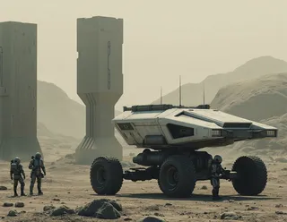 A futuristic six-wheeled rover vehicle stands on a dusty, rocky lunar-like desert surface with two astronauts in space suits nearby and large monolithic structures in the background.