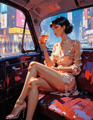 A woman in a sheer, shiny rain-soaked blouse and high heels sits in a neon-lit taxi in Tokyo at night, holding a whiskey glass with red lipstick stain, city lights reflecting on wet streets.