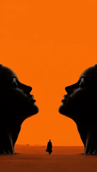Two giant black silhouetted human face profiles face each other against a vivid orange sky in a surreal desert scene, with a small human figure in a black coat standing between them.