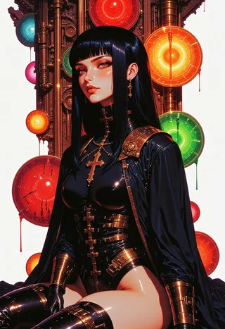 Highly detailed digital portrait of an androgynous woman with long black hair, wearing a gothic outfit adorned with gold crosses and accessories, set against vibrant abstract circles.