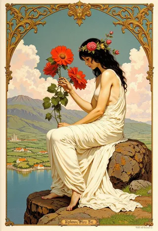 A vintage Art Nouveau style illustration by Alphonse Mucha depicting a woman with dark flowing hair and red flowers, seated on a rock by a tranquil pond with a pastel sky and ornate border.