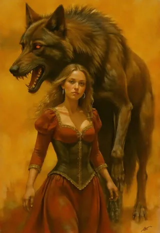 A hyper-realistic digitally painted medieval woman wearing a deep red gown with gold embroidery and a corset, standing in front of a large snarling wolf with glowing red eyes against a vibrant yellow background.