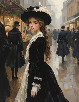 Hyper-realistic oil painting of a blushing tween girl in a black Victorian winter formal dress with lace details and a large floral hat, standing in a 19th century Portobello Road Market in London with Rembrandt lighting.