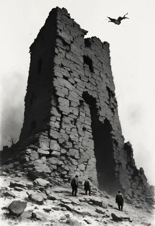 Charcoal drawing of a tall, crumbling basalt tower ruin with fractured stonework. Three weary soldiers stand at its base in a desolate, rocky landscape under stark shadows and a wispy tattered banner fragment above.