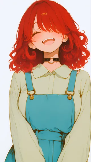 A smiling girl with curly red medium-length hair covering one eye, wearing a black O-ring collar, light blue overall skirt, and a pale collared shirt against a white background.