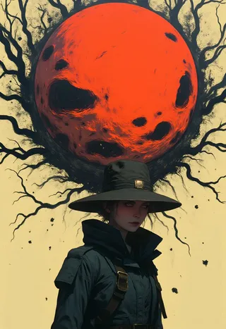 Surreal art featuring a woman wearing a dark wide-brimmed hat and coat, standing beneath a large red moon surrounded by dark, twisting branches on a minimalist beige background.