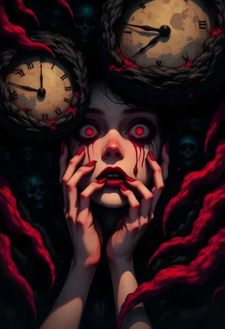 A haunting digital painting of a female figure with glowing red eyes, smeared red lipstick, and hands on her face, surrounded by dark shadows, large old clocks, and red tendrils symbolizing emotional desolation and psychological decay.