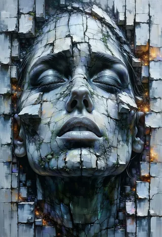 A detailed 3D model of a person's face made from cracked stone squares with closed eyes, showing a crumbling and grungy texture in a realistic style.