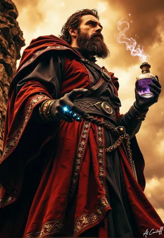 A tall, bearded man with piercing green eyes wearing a crimson cloak decorated with silver embroidery holds a glowing crystal vial with purple liquid, his leather-gloved hand adorned with blue runes emitting light, standing under golden skies.