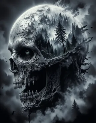 Detailed grayscale skull in profile view with a misty forest scene inside the skull's hollow, featuring dense evergreen trees and fog in a surreal, dark moody style.