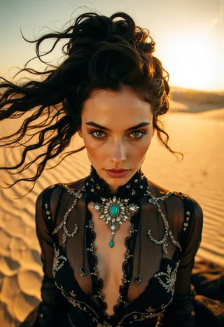 Portrait of a woman with piercing emerald green eyes and raven-black hair styled in an updo, wearing a sheer black gown with silver embroidery and a turquoise brooch, standing in a desert at sunset with motion blur in her hair.