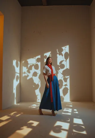 A fashion model in a blue kimono skirt and red scarf stands in a room with patterned light and shadow projections on the walls and floor.