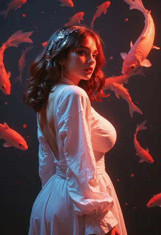 A mysterious and elegant woman with auburn foil-wrapped hair in a white quilted gown, surrounded by floating pink carps, glancing back with a playful tease.