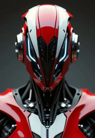 Photorealistic faceless android with a glossy red, white, and black helmet inspired by Ducati Panigale V4 S Corse motorcycle, featuring glowing neon edges and complex mechanical neck.