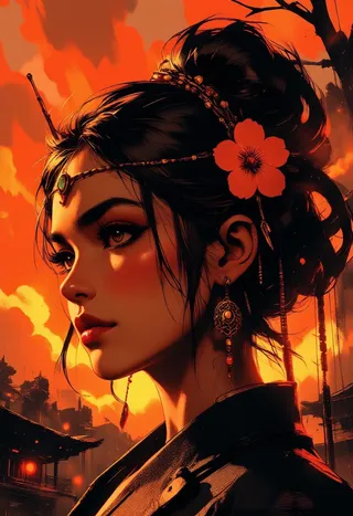 Close-up portrait of a Japanese princess at sunset featuring intricate linework, expressive contrast, jade diademe, gold and pearl jewelry, and a silhouette art style.