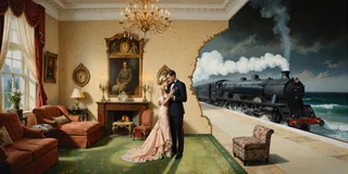 A surreal panoramic landscape blending an elegant Edwardian drawing room with a WWI-era coastal train platform, featuring a couple in refined attire sharing a tender embrace beside a steam train.